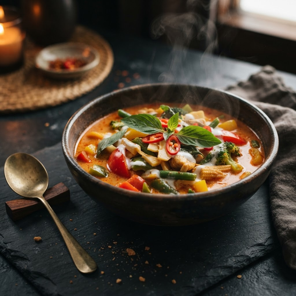 Rich Thai red curry with vegetables in a dark bowl