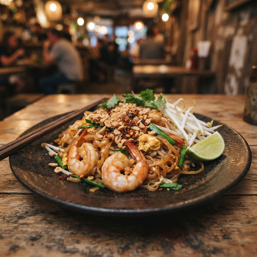 Stir-fried Thai noodles with prawns and peanuts