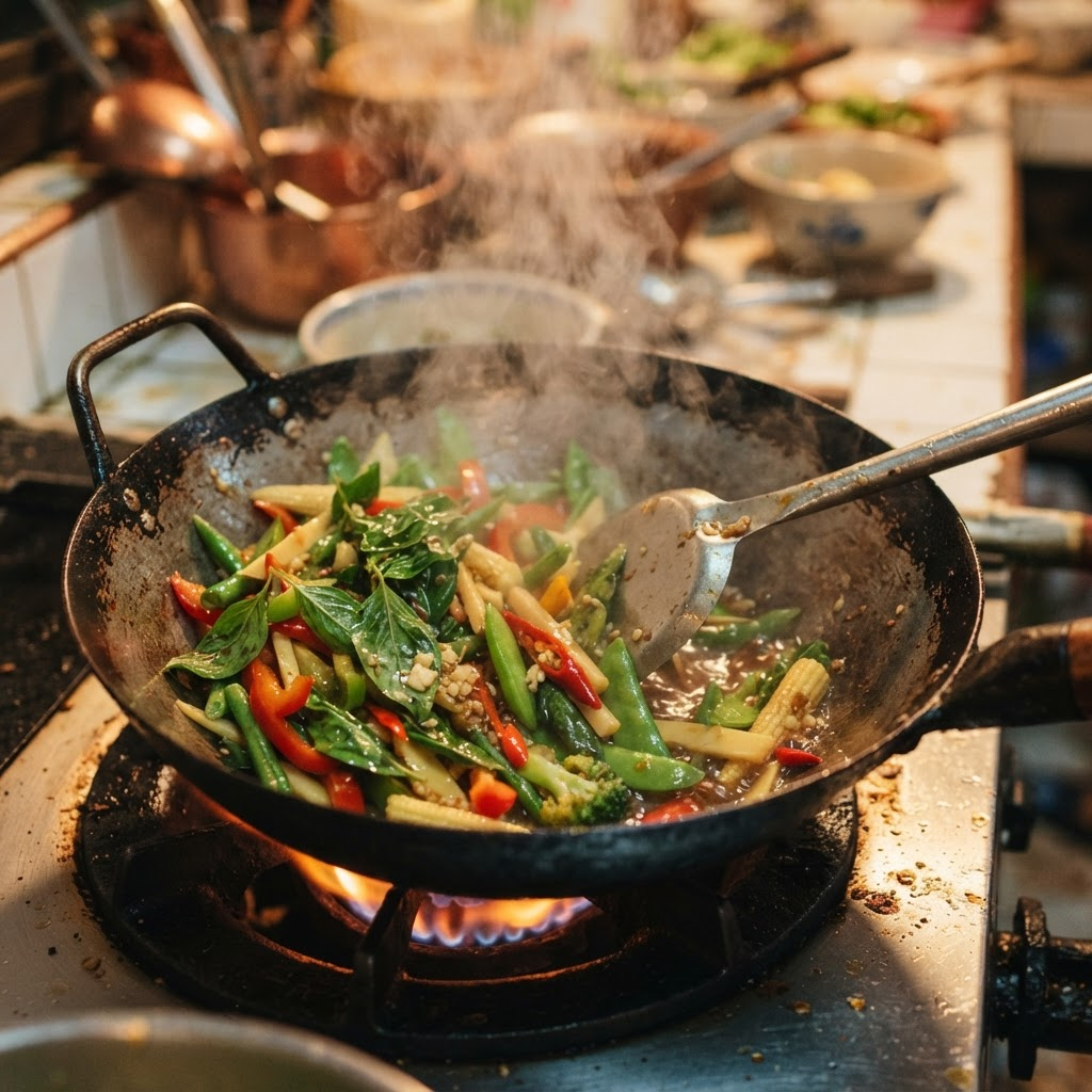 Vibrant Thai vegetable and basil stir-fry in a wok